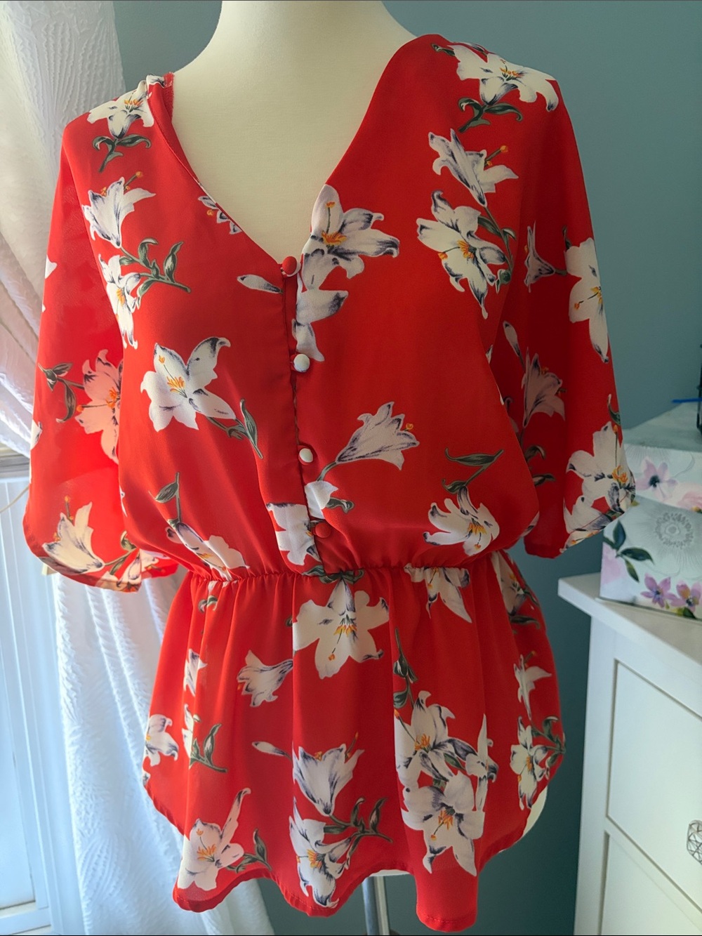 Red Floral V-Neck Button Front Blouse